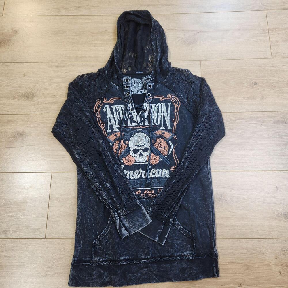 Affliction Hoodie Womens Medium Black American Metal Skull Sweatshirt Lace